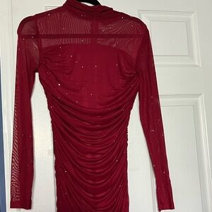 Meetjen Long Sleeve Shiny Dress Burgundy Maroon Red Midi M